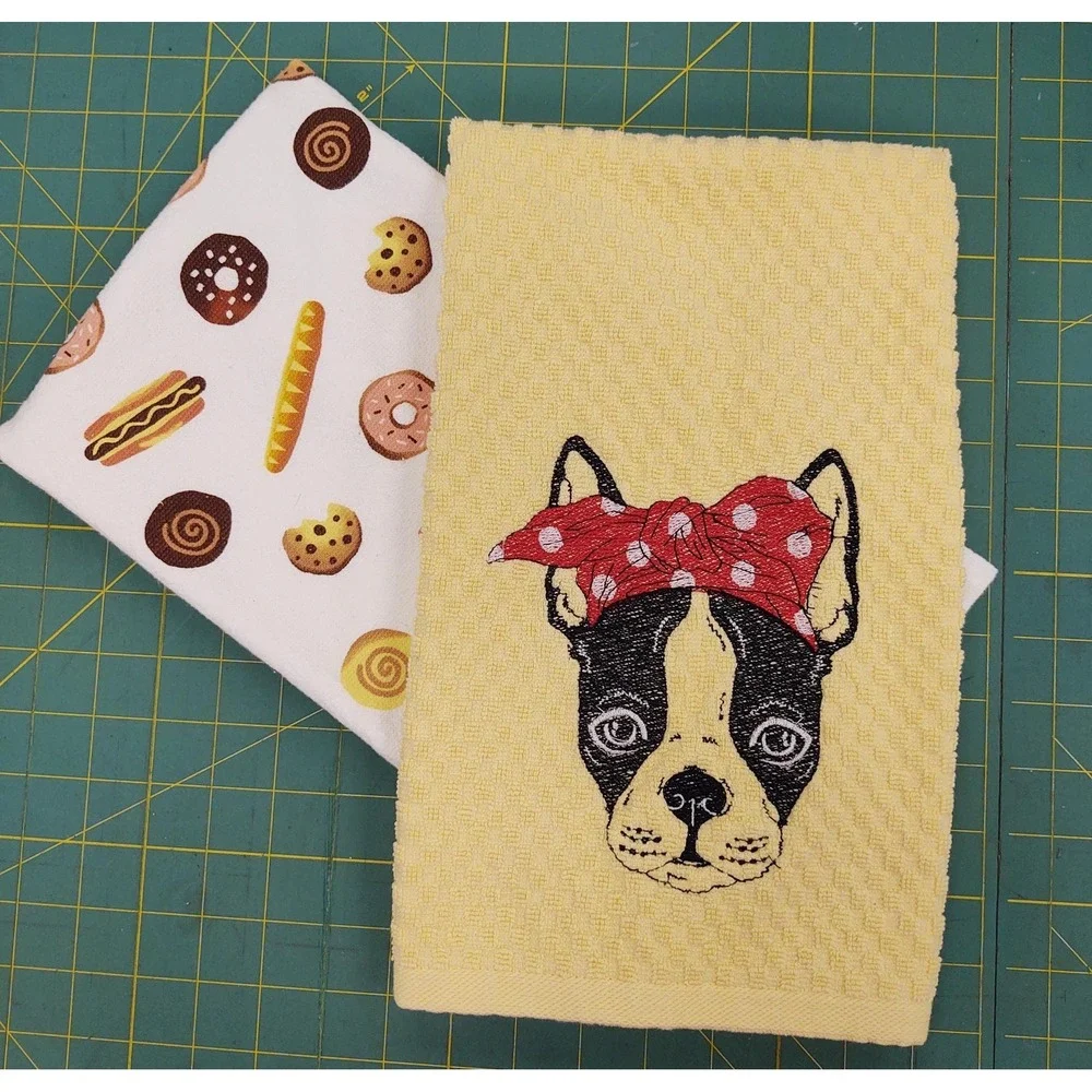 BOSTON TERRIER With Headband Kitchen Bath Hand Bar Towel Set of 2 Hostess Gift!